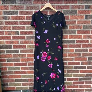 Mint Julep Black and Multicolored Floral Short Sleeve Vintage Chiffon Maxi Dress